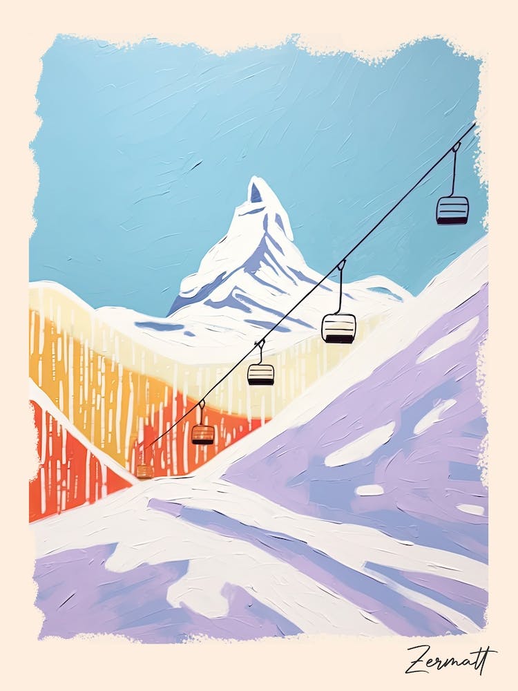 Poster Of Zermatt   Switzerland, Ski Resort Pastel Colours Illustration 3