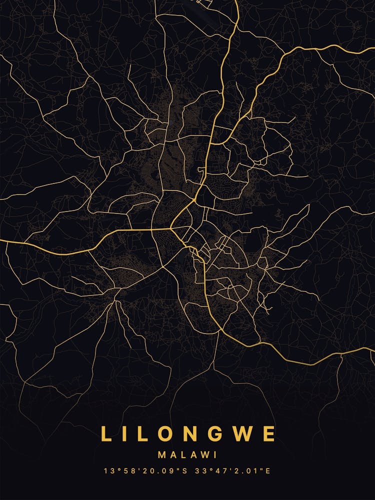 Lilongwe Malawi Black And Gold Map