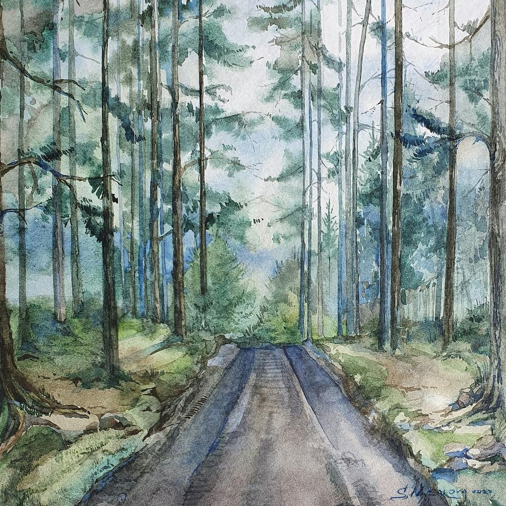 Watercolor Landscape Road In The Forest Square