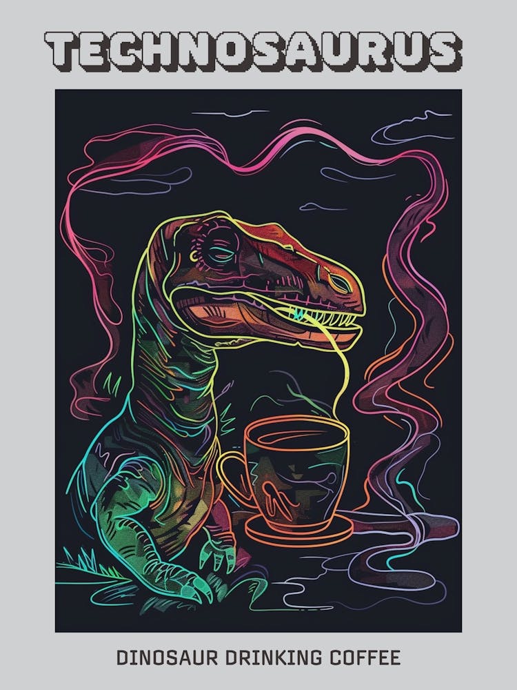Neon Dinosaur Drinking Coffee Line Illustration Poster