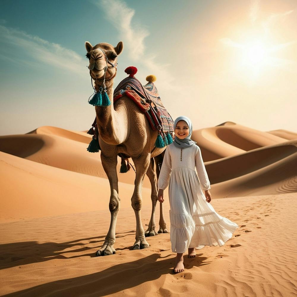 Muslim Girl With Camel In The Desert
