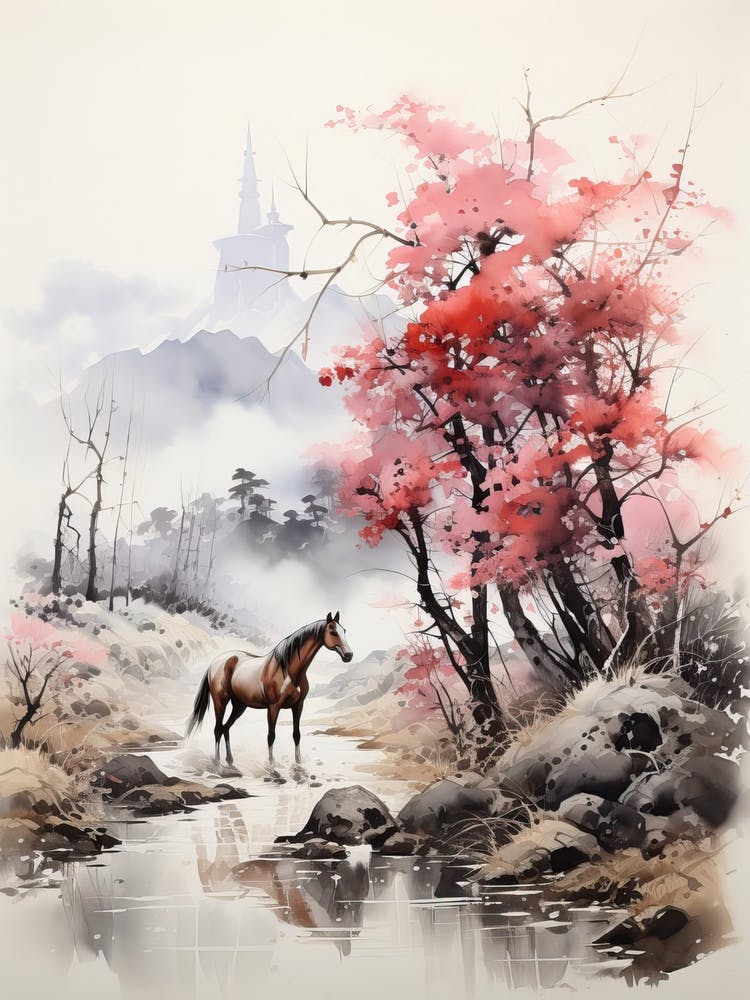Horse, Japanese Brush Painting, Ukiyo E, Minimal 4