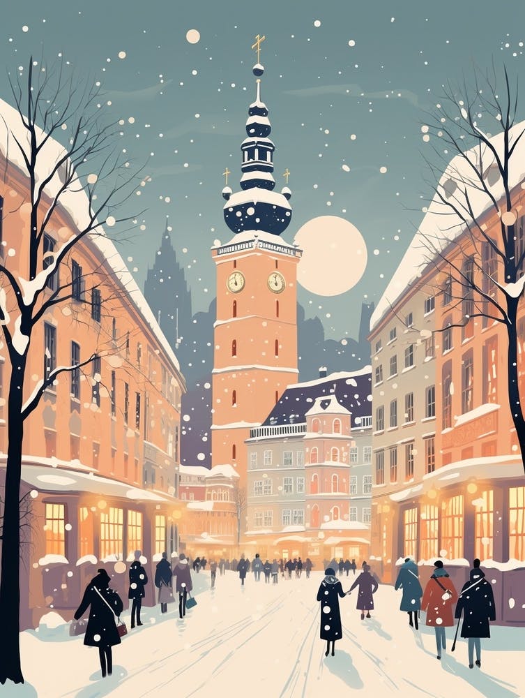 Winter Travel Night Illustration Munich Germany 2