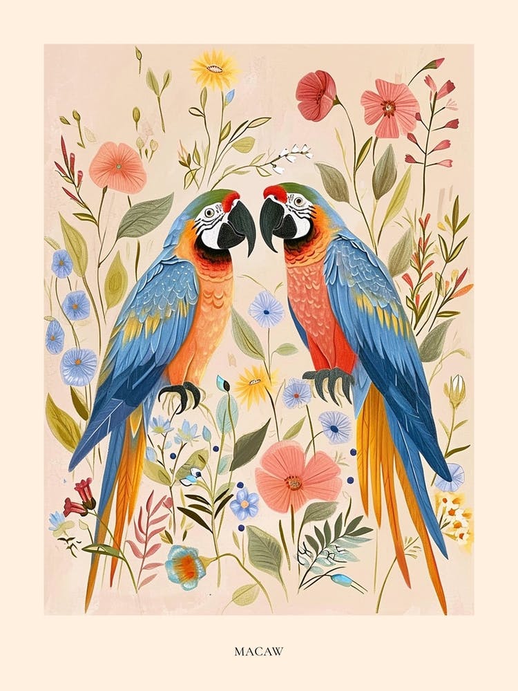 Folksy Floral Animal Drawing Macaw 4 Poster