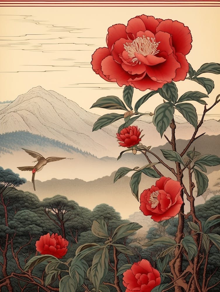 Higanatsu Red Camellia 1 Japanese Botanical Illustration