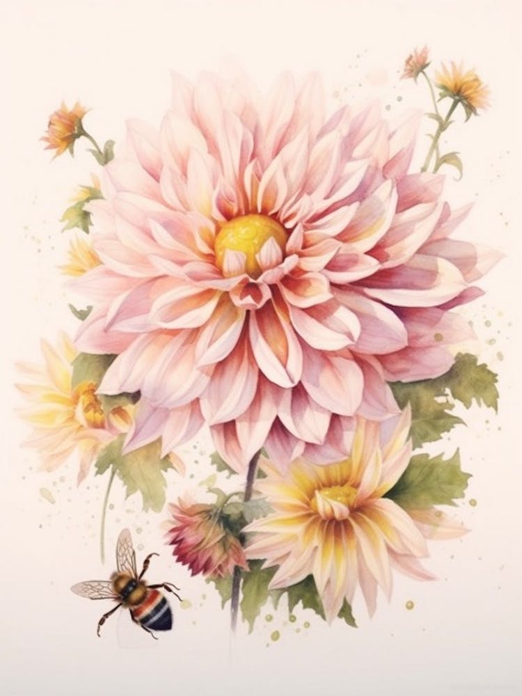 Beehive With Dahlia Watercolour Illustration 2