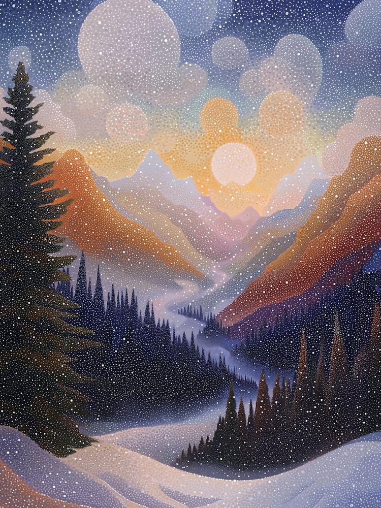 Winter Mountain Valley In Pointillist Style Poster