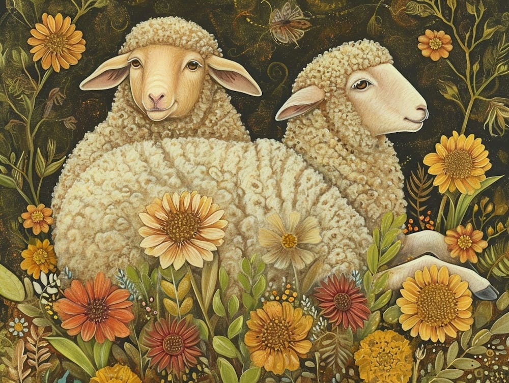 Floral Animal Illustration Sheep 2