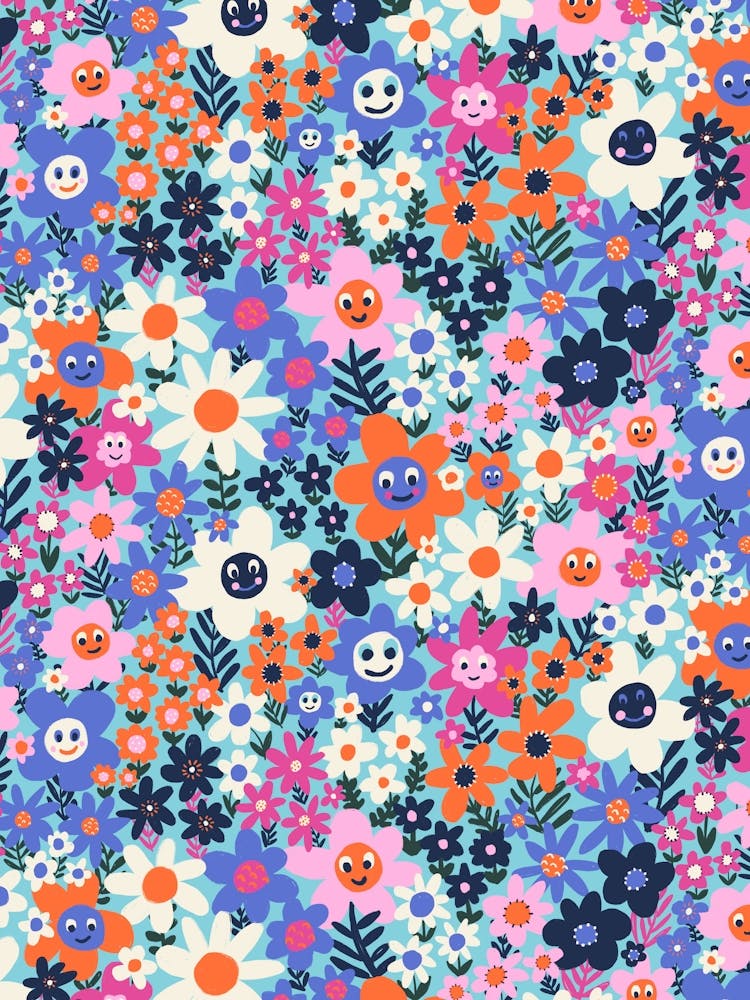 Vibrant Happy Meadow of Smiling Flowers Kids