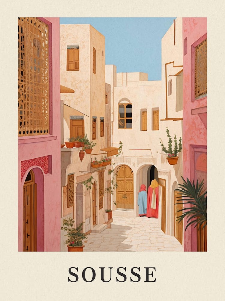 Sousse Tunisia 2 Vintage Pink Travel Illustration Poster