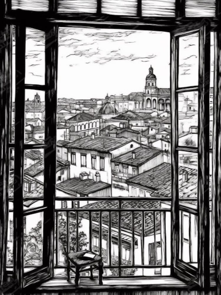 A Window View Of Florence In The Style Of Black And White  Line Art 3