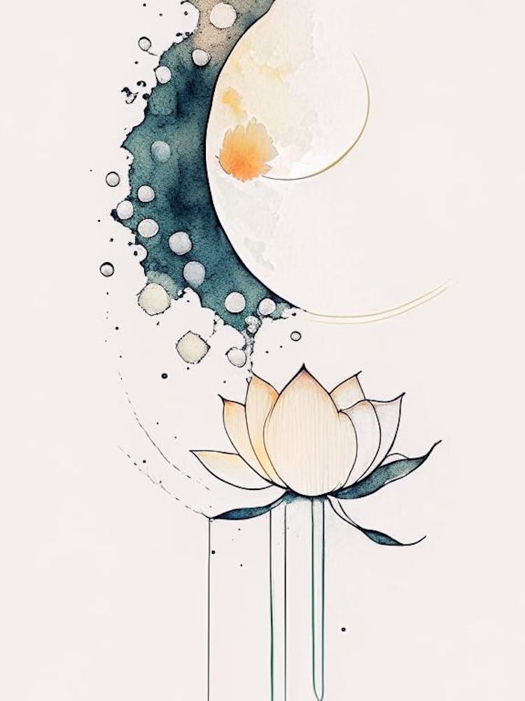 Symbole Lotus et Lune Aquarelle Minimale