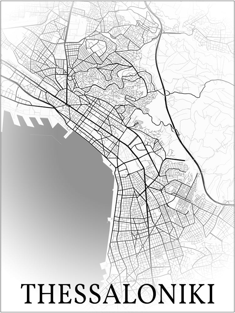 Thessaloniki, Central Macedonia, Greece, City Map, Black And White Fade Design