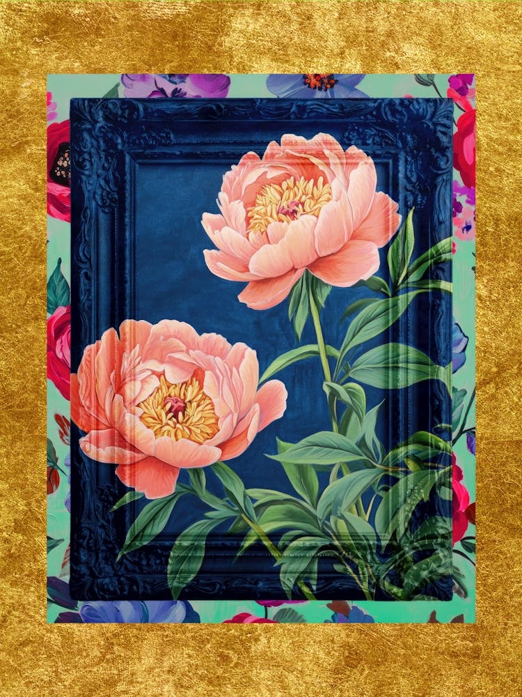 Pastel Peony flowers in an ornate frame collage, luxe aesthetic eclectic artwork in navy and gold, baroque inspired pop-art print ideal for maximalist interiors