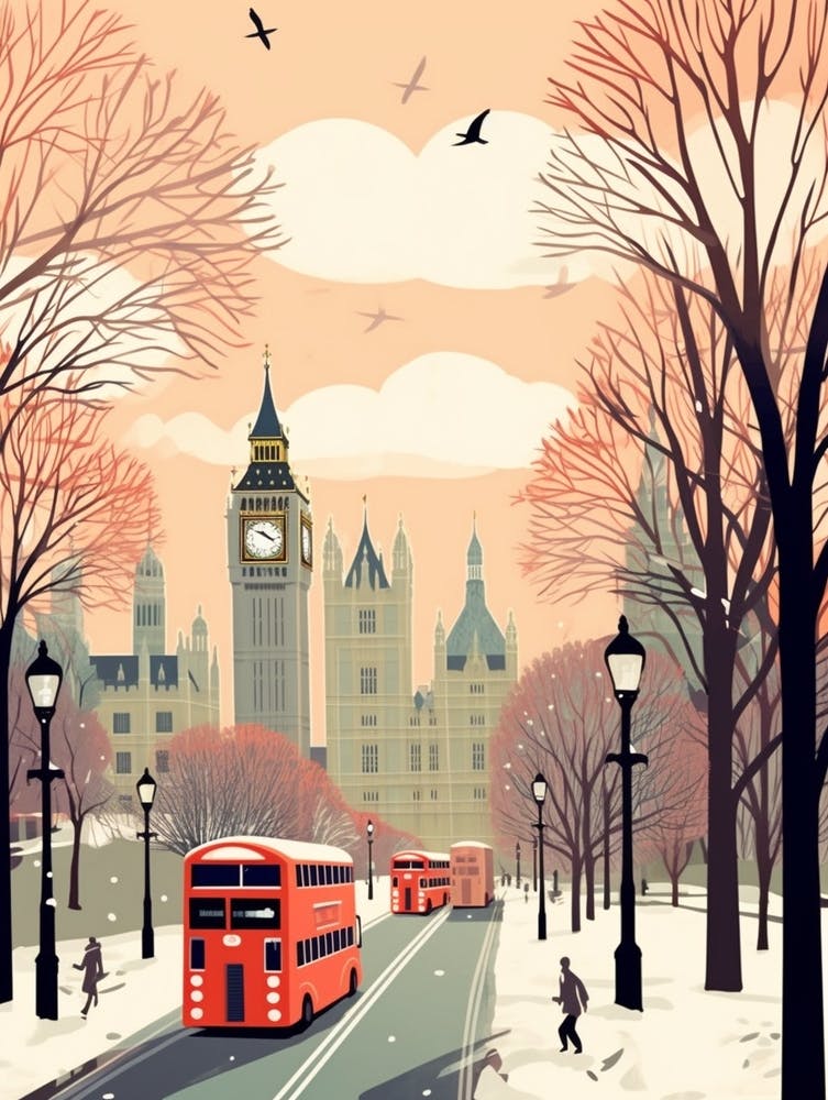 Vintage Winter Travel Illustration London United Kingdom 2