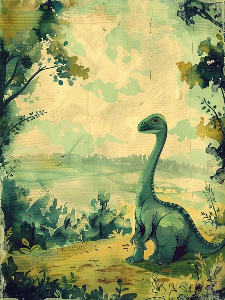 Dinosaur Sat On The Hill Vintage Storybook Painting