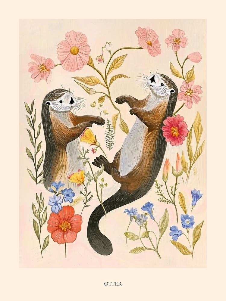 Folksy Floral Animal Drawing Otter 2 Poster