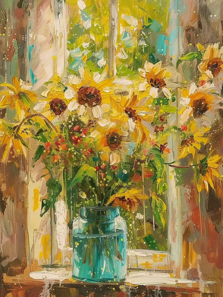 Sunflower Flowers On A Cottage Window 1