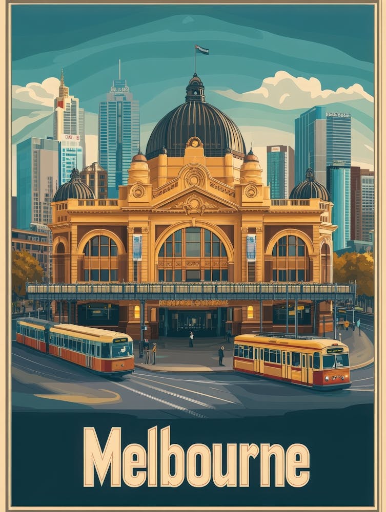 Aihrgdesign A Vintage Travel Poster Of Melbourne Featuring Th 26c84a13 2932 4e1f 9a5d 48efa245583d 1