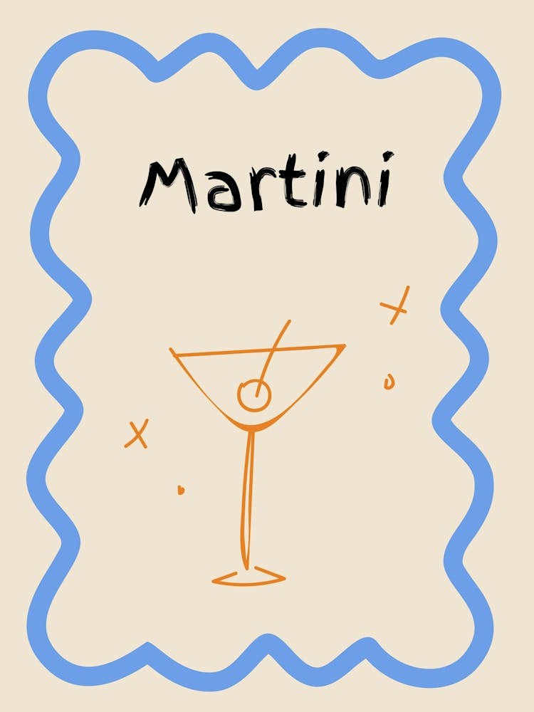Martini Doodle Poster Blue & Orange