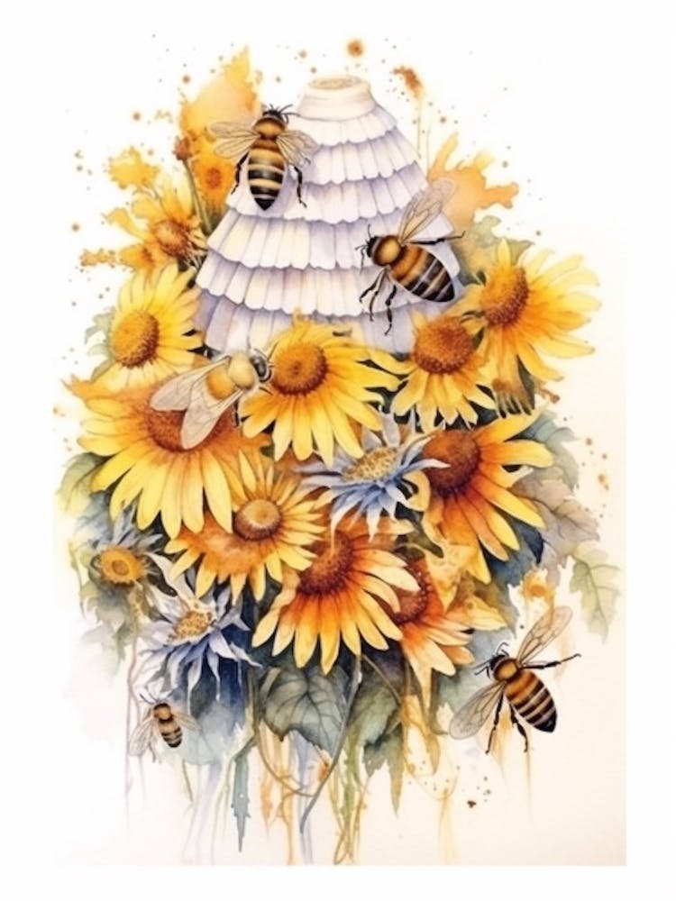 Beehive With Daisies Watercolour Illustration 4