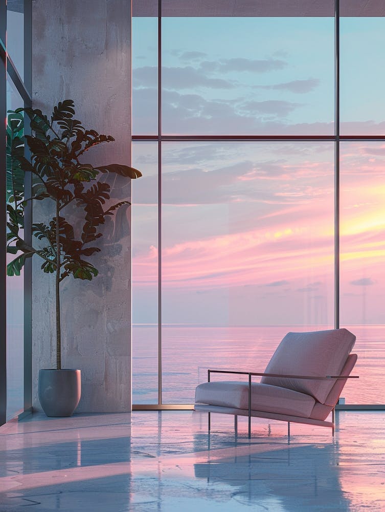 Surreal Style Modern Empty Large Living Room In The Center Alone With Only One Lazy Sofa Chair, Large Floor To Ceiling Windows With Sea Water Outside, Clean Scene, Blue And Pink Tones, Ricoh R1, Fine Craftsmanship, Oc Rendering, Hd 8
