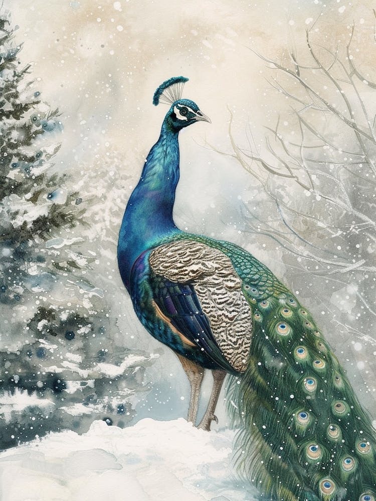 Watercolour Peacock In The Snow