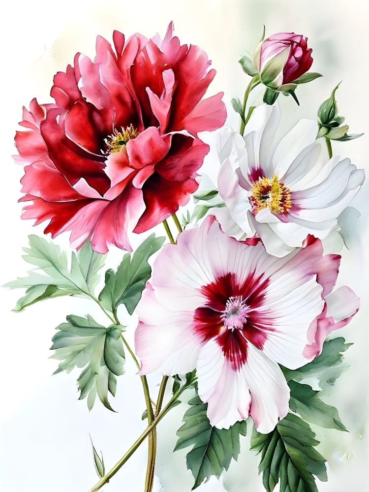 Botanical Watercolor Paint A Watercolor Piece Showcasing A Variety Of Blooming Flowers In Red And (1)