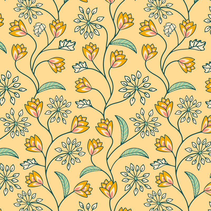 TANGLED Boho Floral Botanical Vines in Cottage Garden Pink Yellow White Green on Cream