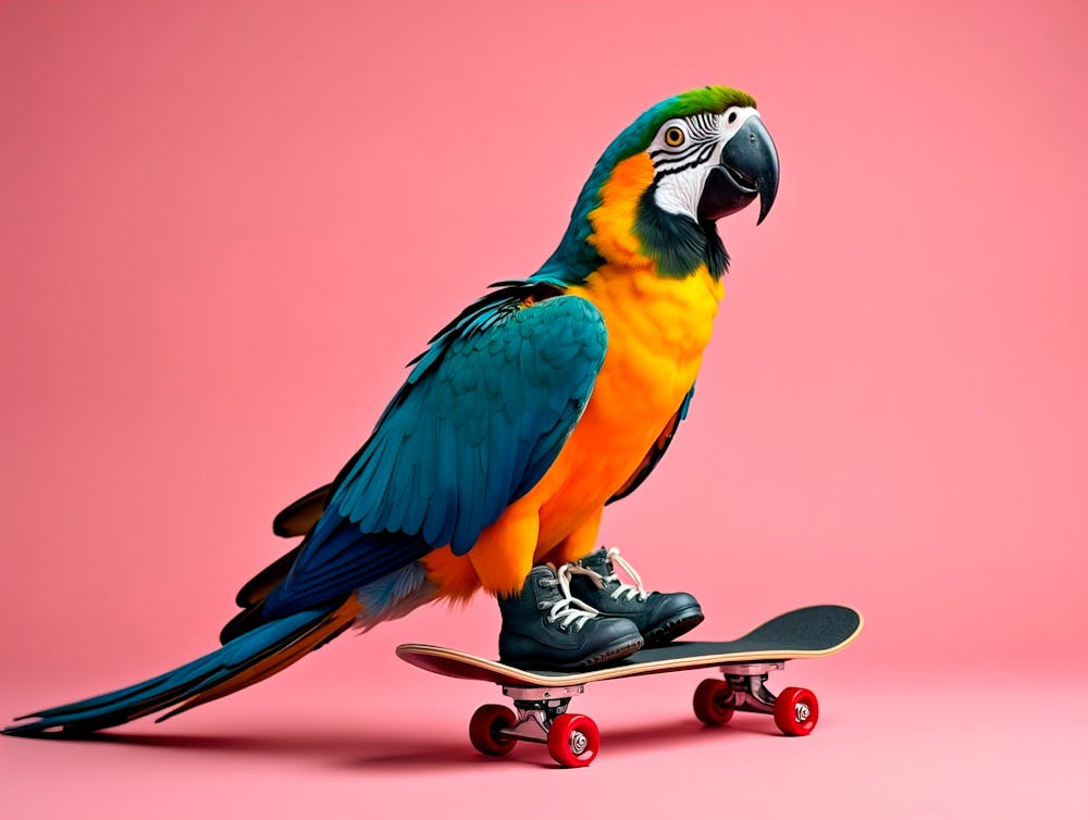 Ein Papagei, der einen coolen Trick auf einem Skateboard macht