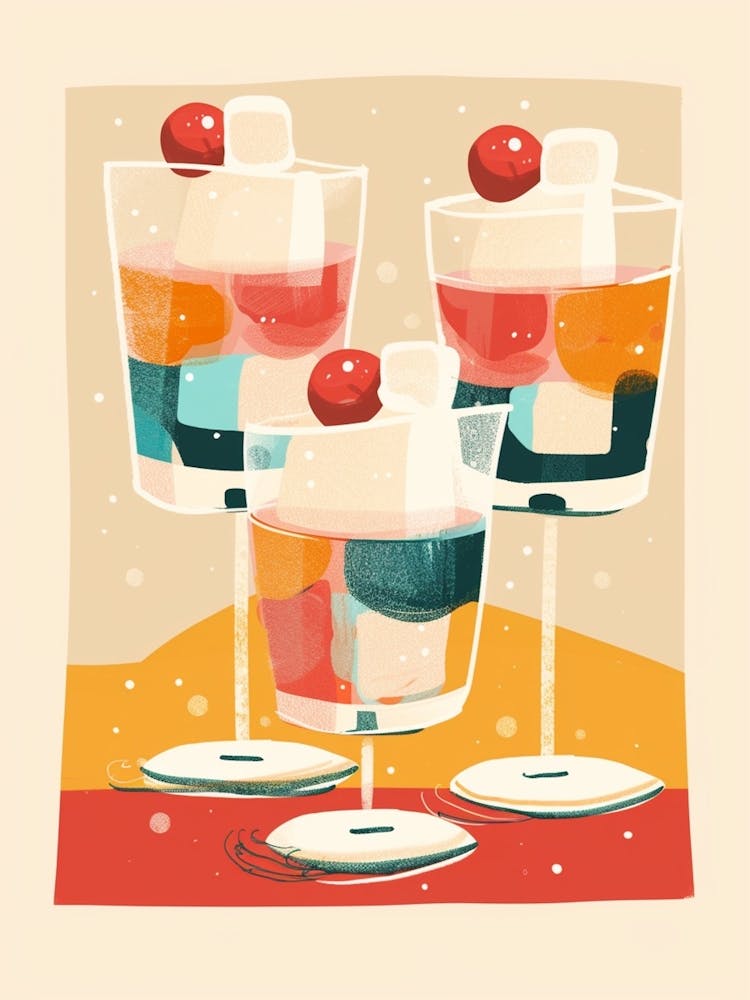 Retro Jelly Cube Dessert With Cherries Beige Background