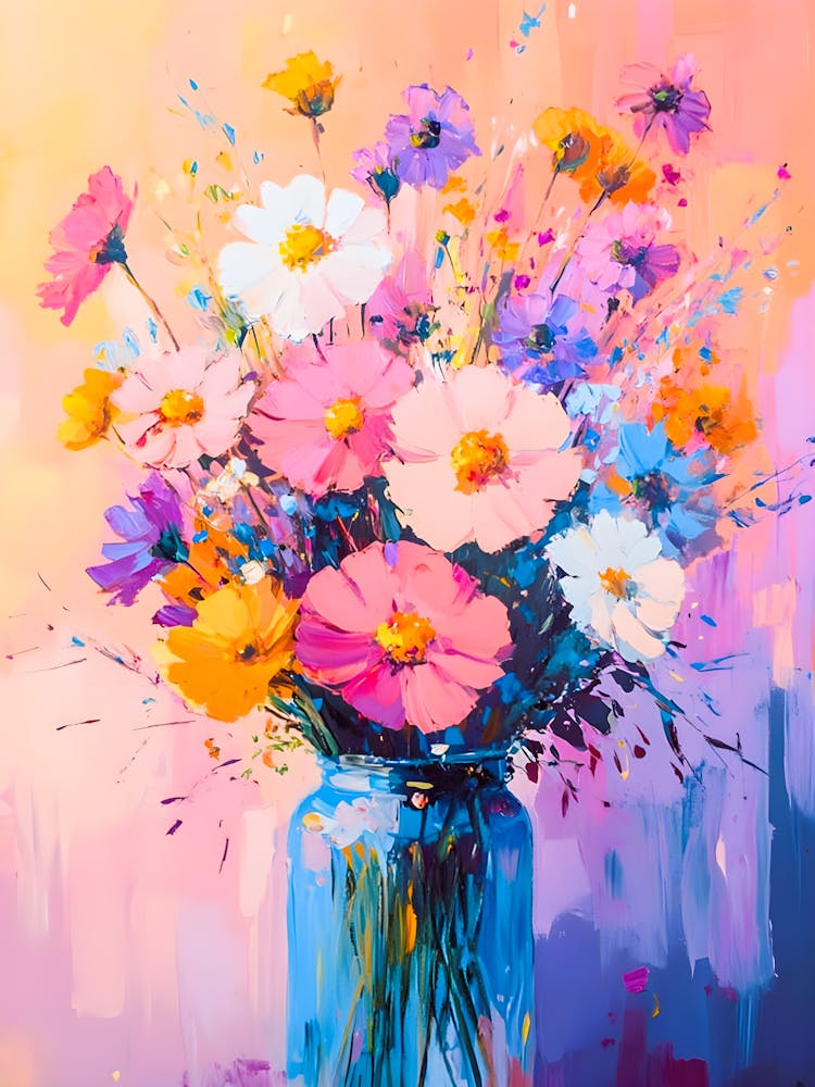 Lebendiger Blumenstrauß – Farbenfrohes impressionistisches Blumenbild, Modern Abstrakt