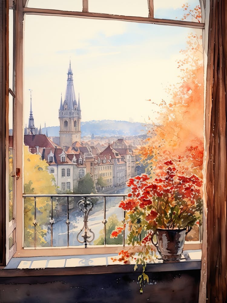 Window View Of Bern Switzerland In Autumn Fall, Watercolour 2