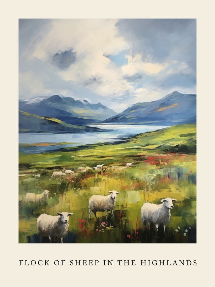 Flock Of Sheep In The Highlands Impressionism Style Poster