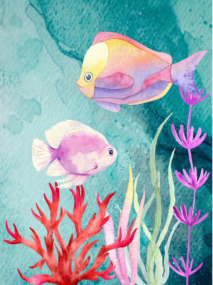 Exotic Fishes and Coral watercolor