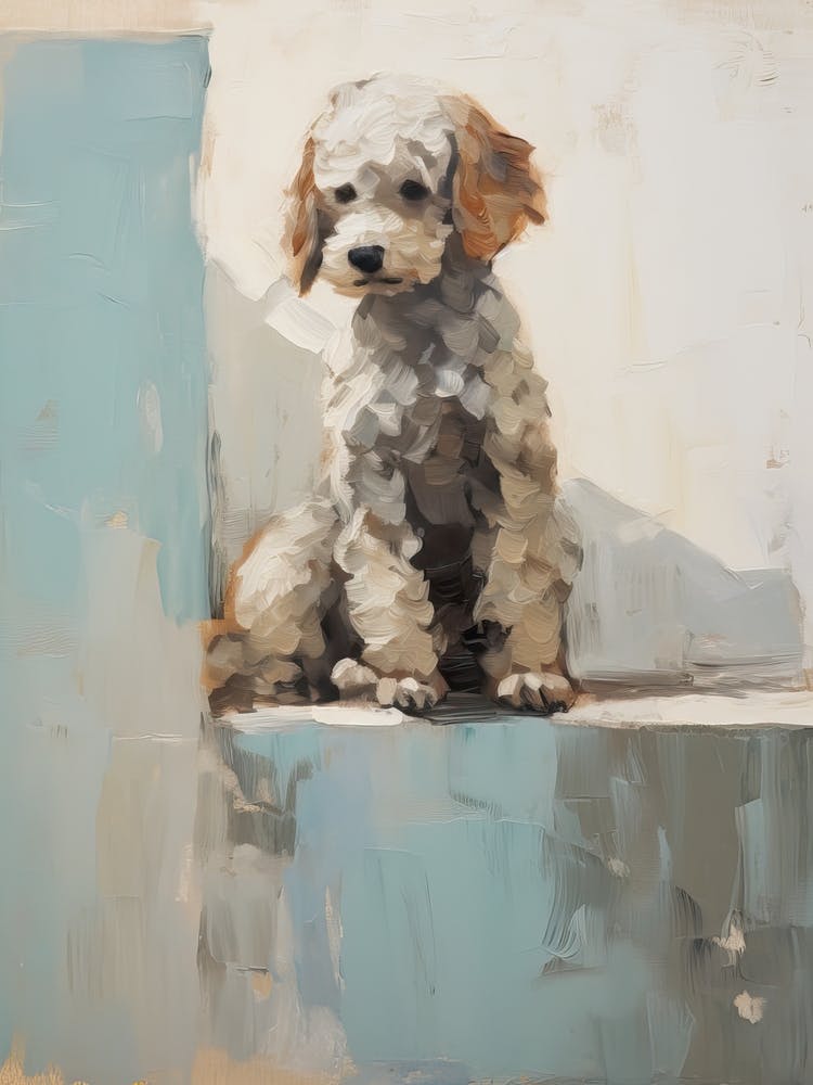 Poodle Dog, Painting In Light Teal And Brown 0