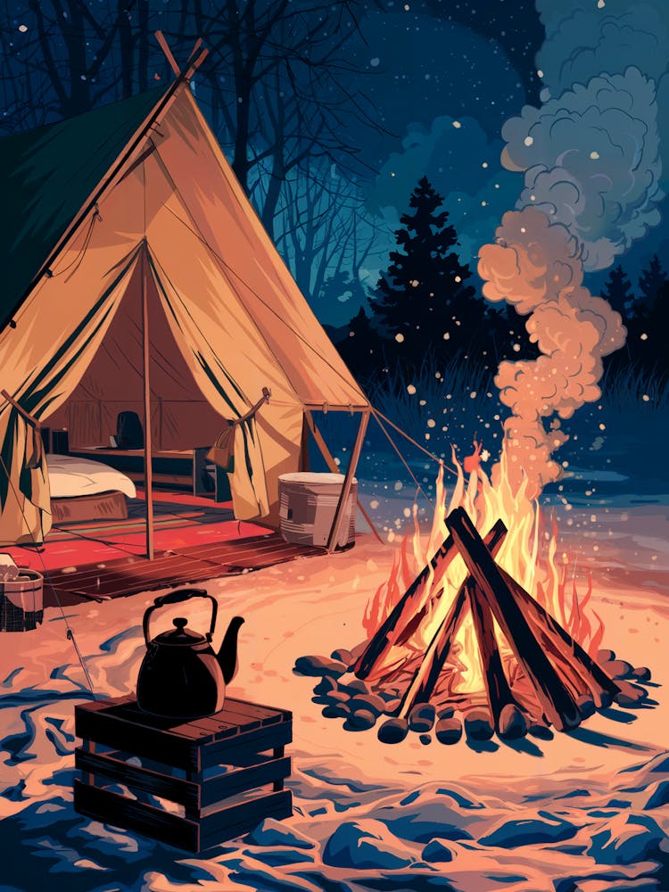 Anime Canvas Art: Cozy Winter Campfire Scene with Glowing Tent and Falling Snow, Perfect for Lofi Aesthetic and Nature Lovers.