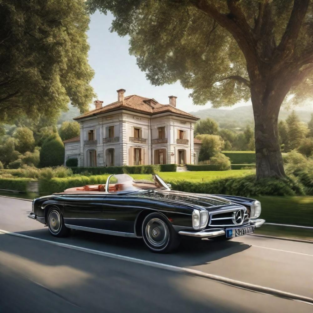 A Luxury Car Is Driving In A Rural Town Between Trees On A Street In Front Of A Luxurious Rural Villa