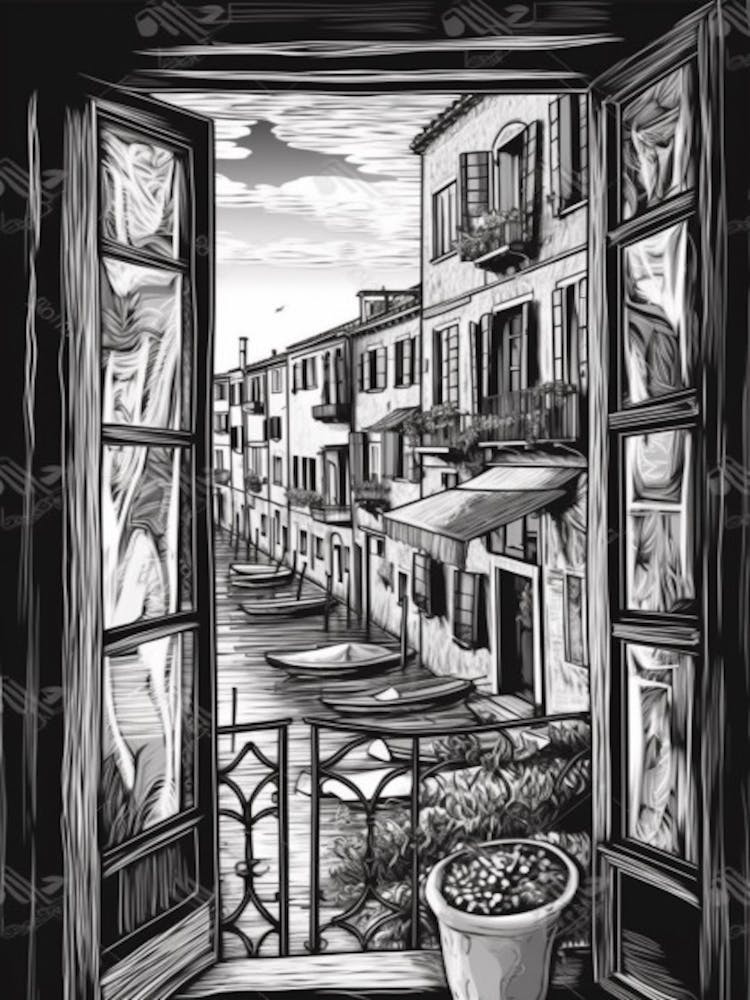 A Window View Of Venice In The Style Of Black And White  Line Art 3