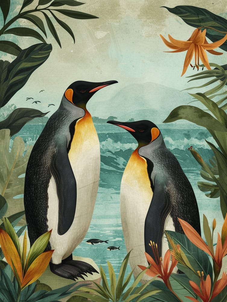 Adlie Penguin Petermann Island Vintage Botanical Painting 2