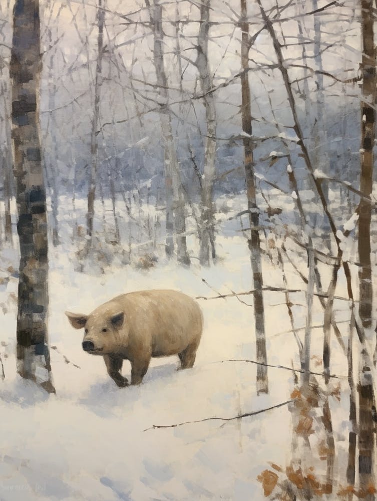 Vintage Winter Animal Painting Wild Boar 2