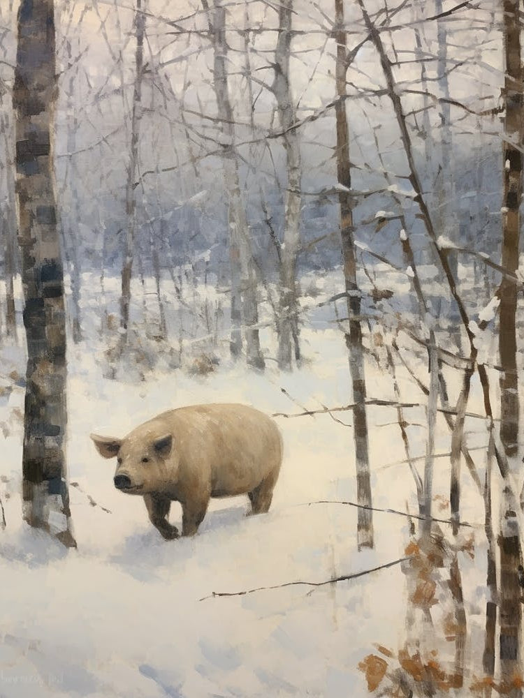 Vintage Winter Animal Painting Wild Boar 2