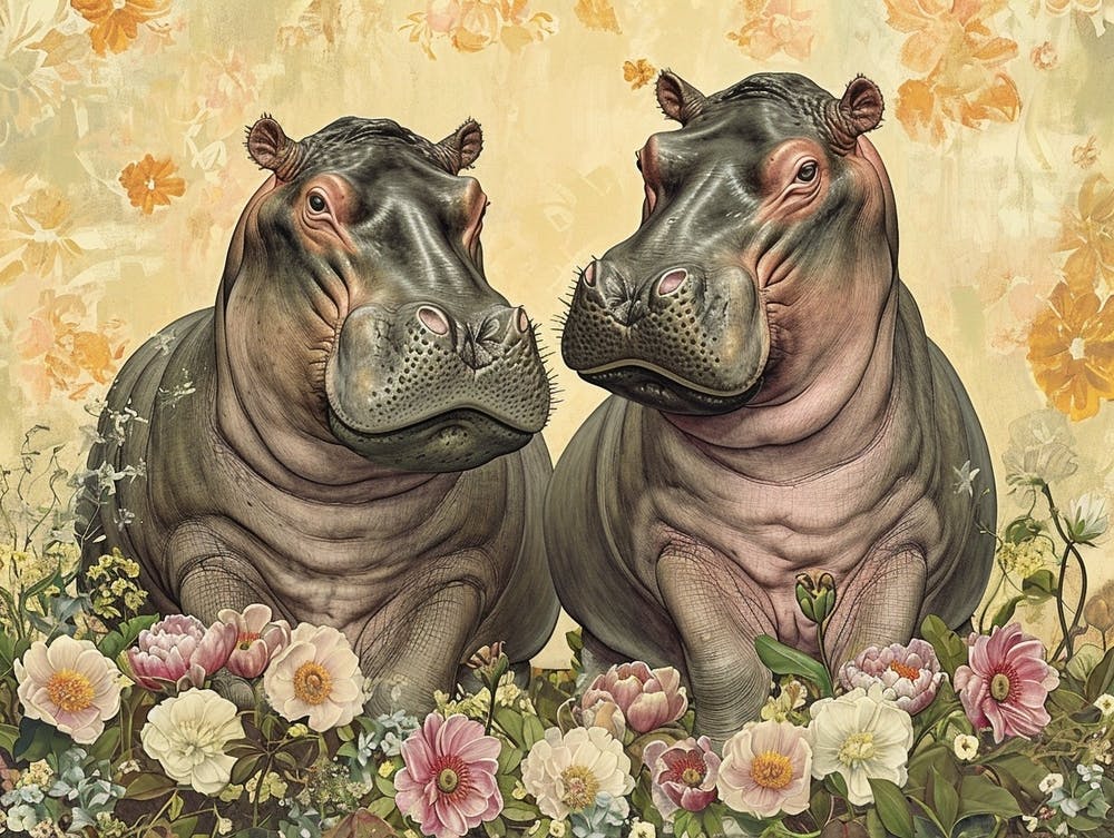Floral Animal Illustration Hippopotamus 1