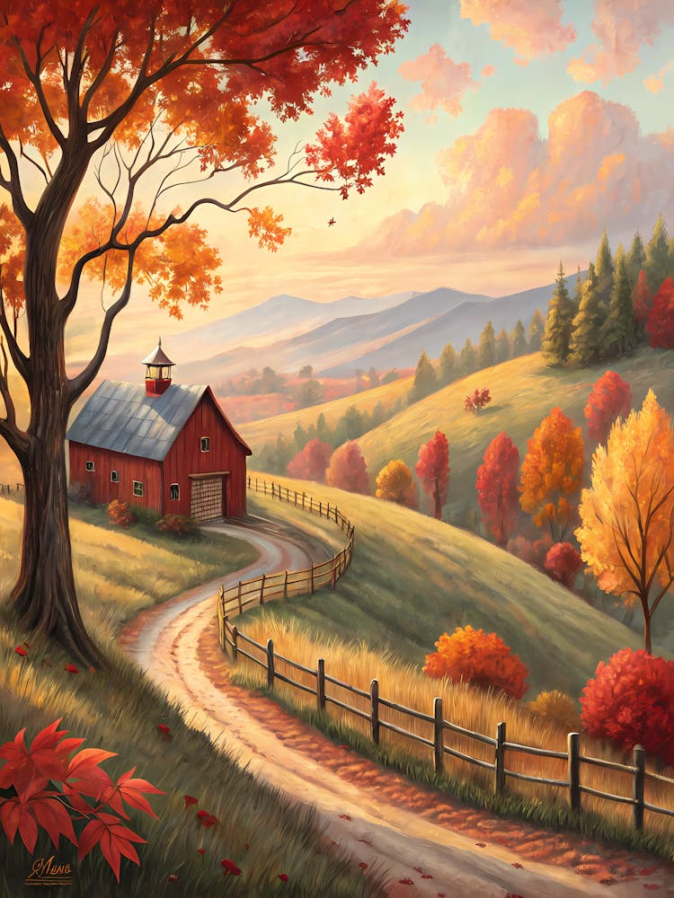 Oil Painting Style Autumn Farmland Rustic Barn & Rolling Hills Landscape