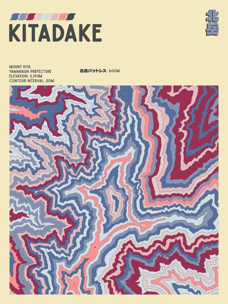 Japan - Mount Kita - Kitadake - Contour Map Print