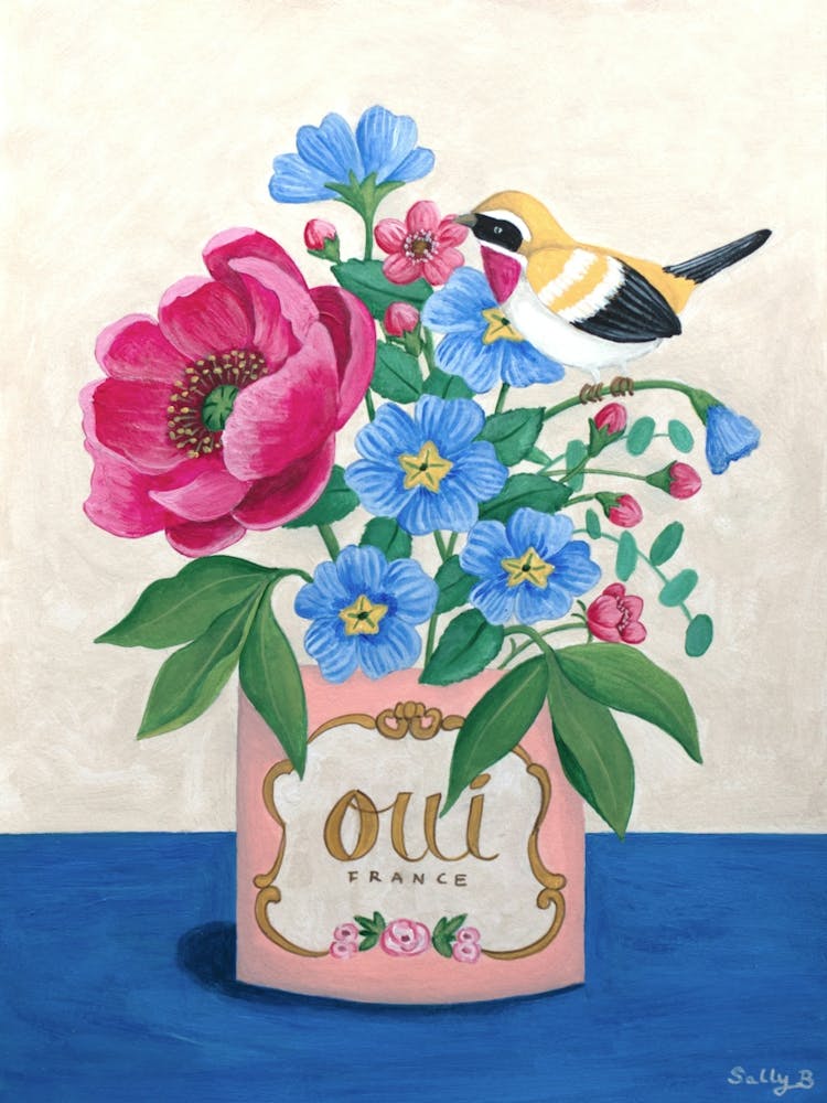 Yellow Bird And Flowers In Pot