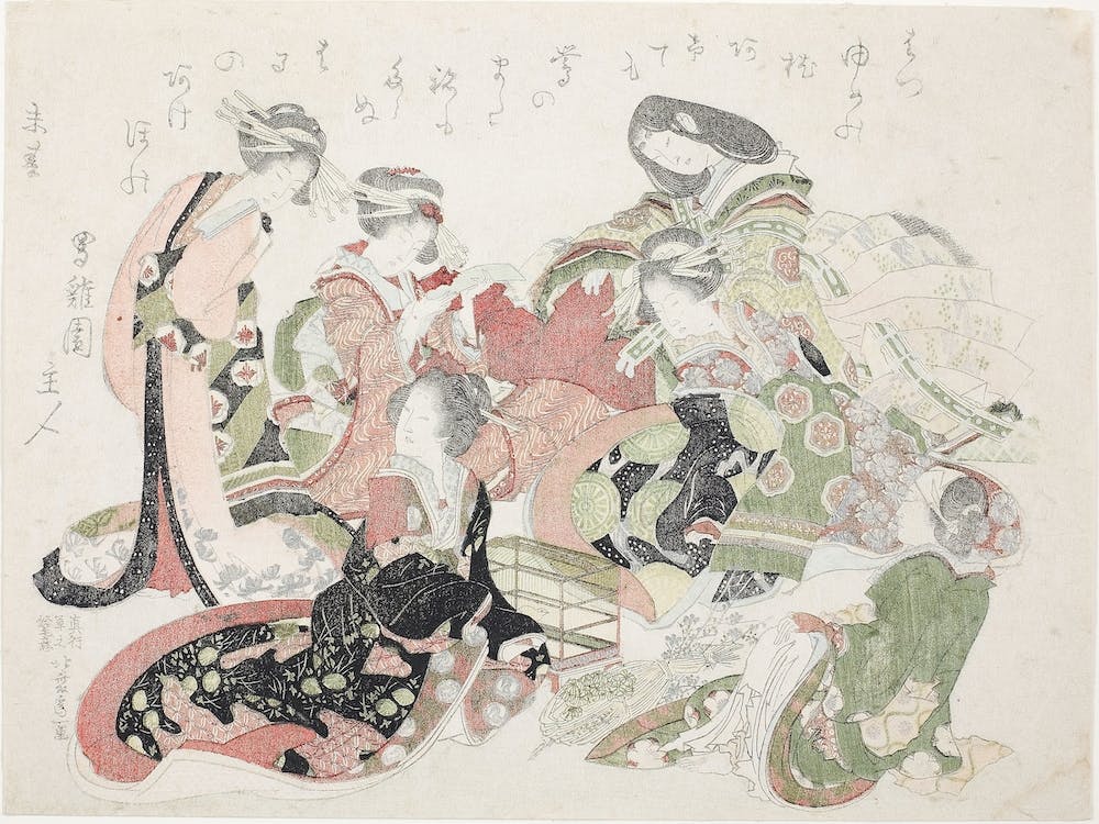 Six Women Seated Around A Bird Cage, Katsushika Hokusai