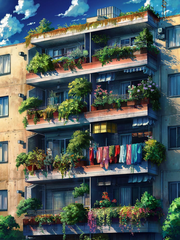Lofi Anime Art: Lively apartment facade with lush balcony plants, colorful laundry, and sunny urban charm. Perfect for nostalgic city vibes.