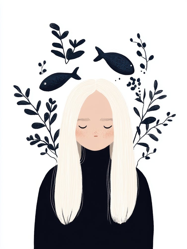 Illustration D'une Fille Avec Des Poissons 1