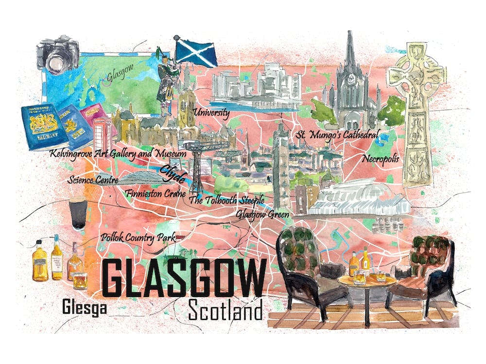 Glasgow Scotland Illustrated Travel Map With Roads And Highlights